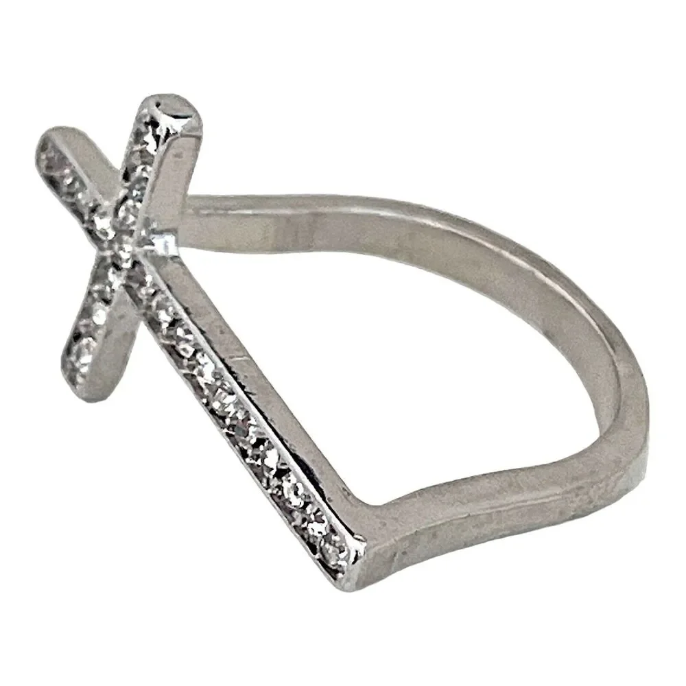 New Cross Ring Size 7.75 Silver Tone Pave Crystals Religious Jewelry - 5W